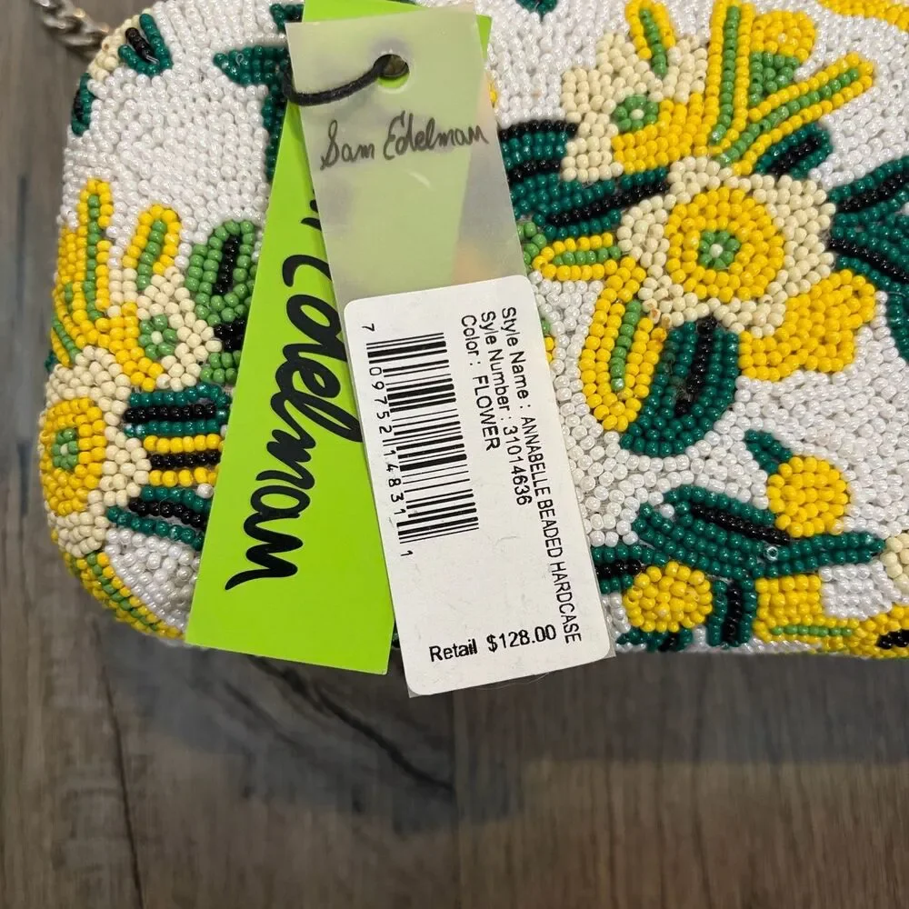 Sam Edelman Annabelle beaded Hard Case Clutch Purse Small Green White Yellow - Picture 2 of 7